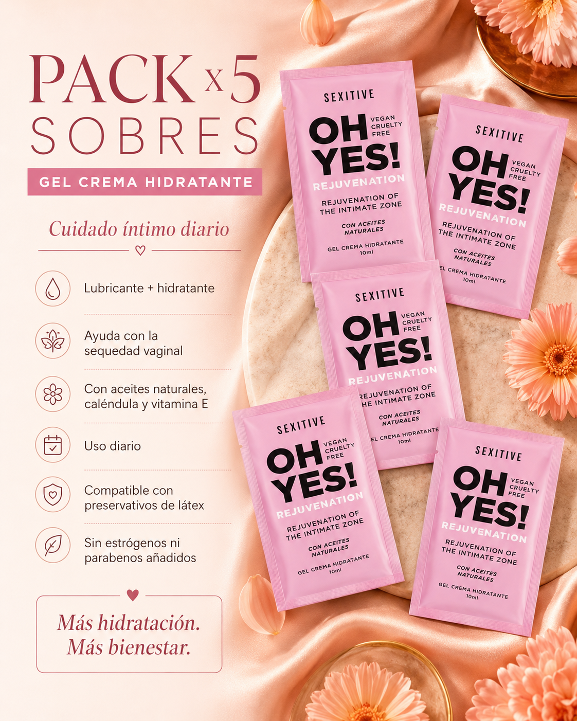 Oh Yes! Lubricante Rejuvenation hidratante íntimo 10ml - Pack 5 unidades - Base acuosa