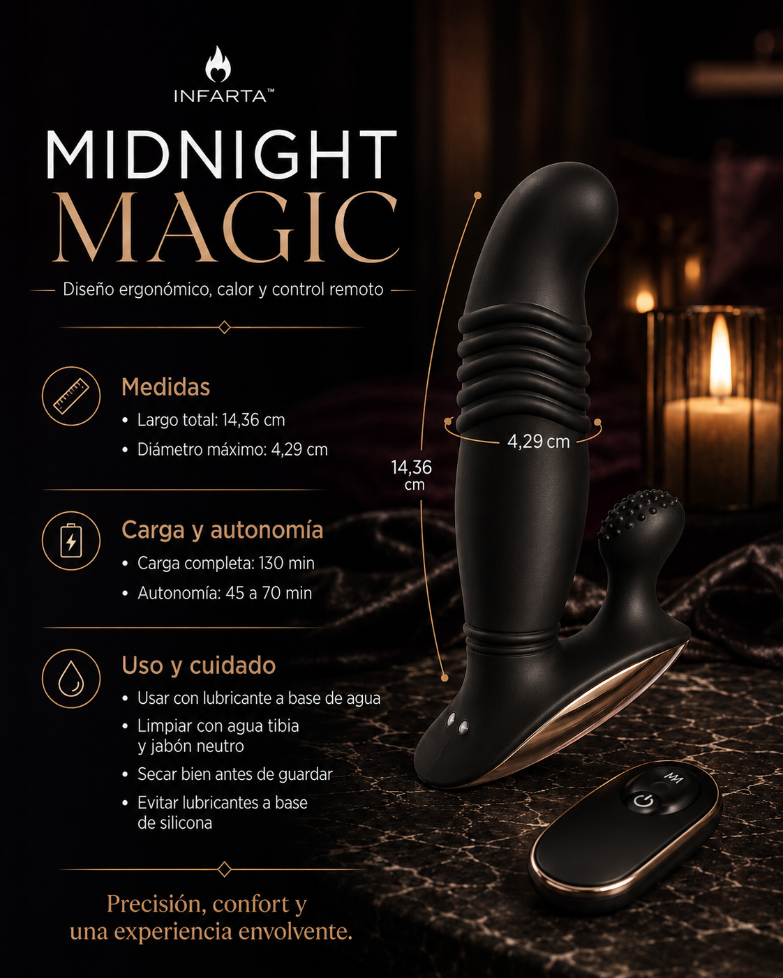 Midnight Magic - Vibrador prostático con calor y control remoto USB